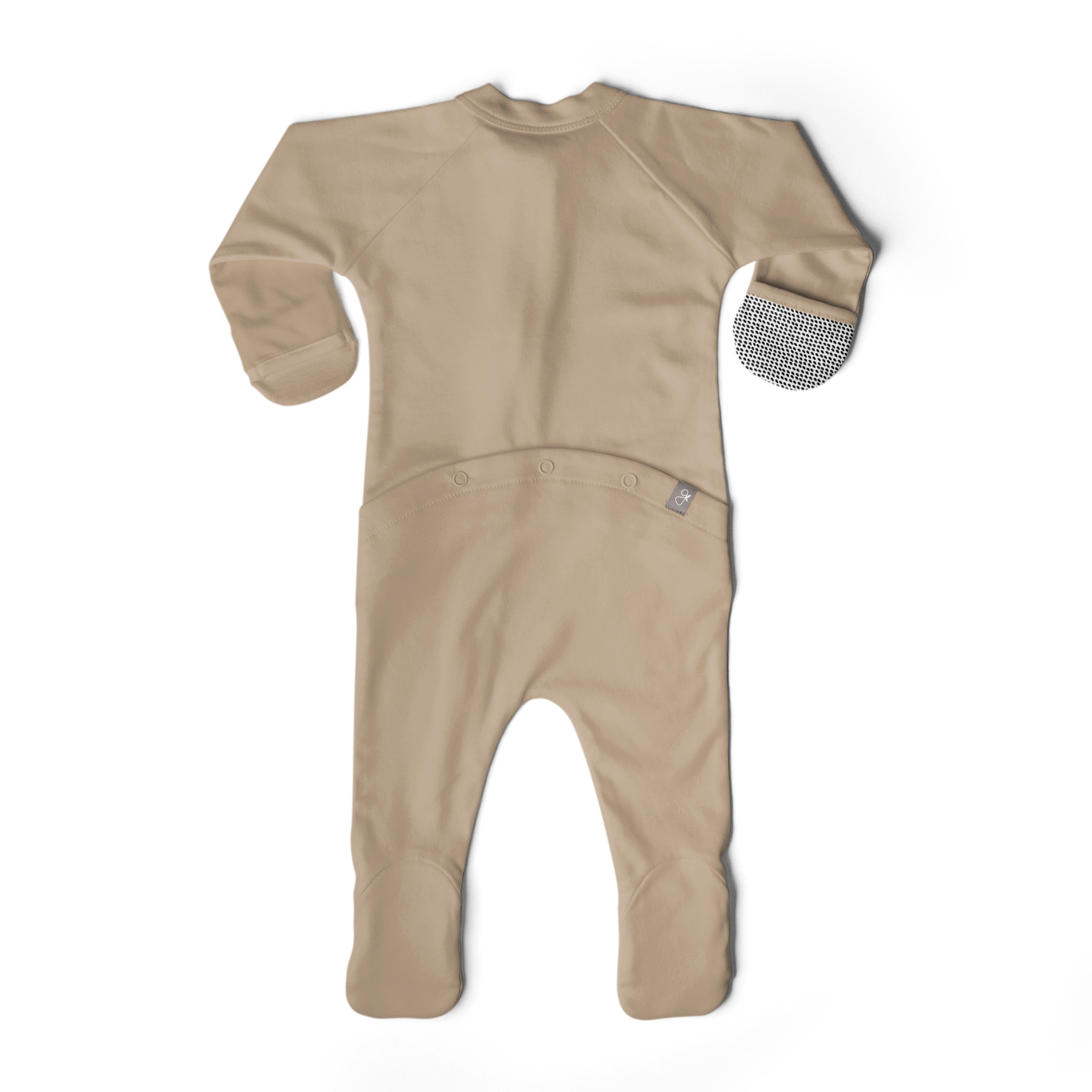 Goumi Kids Sandstone Baby Layette Gift Set – stay-on mitts & boots, convertible sleeper gown, grow-with-you footie, gift-packaged – detail view