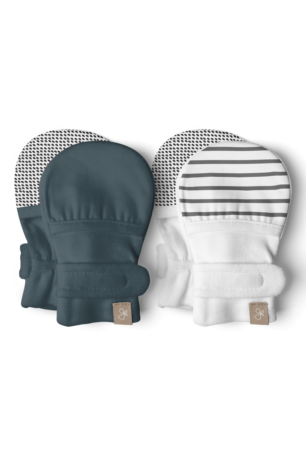 2-PACK MITTS in midnight blue and white with gray stripes, soft fabric and wide adjustable wraparound cuffs