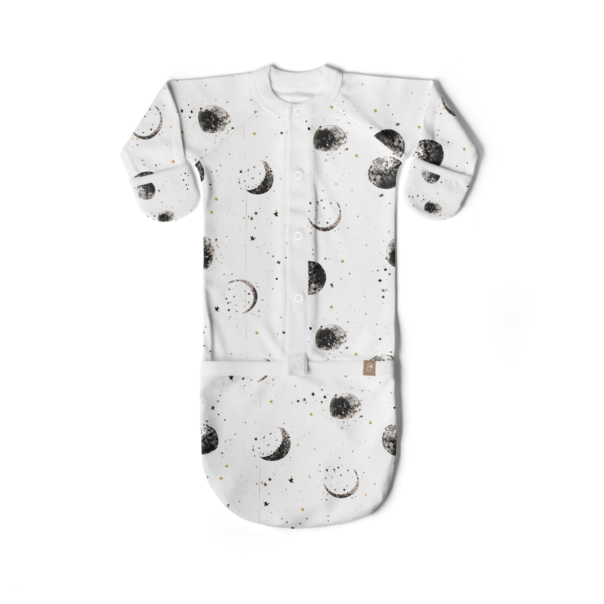 24 HOUR CONVERTIBLE GOWN in soft white fabric with black and gold moon and star print, snap front and convertible foot pocket
