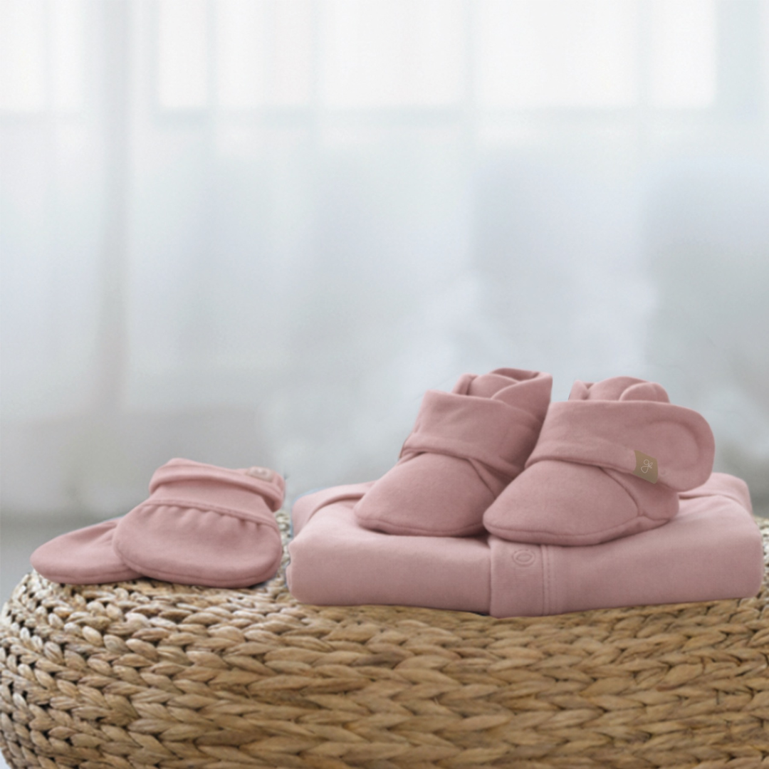 Goumi Kids Rose Baby Layette Gift Set – stay-on mitts & boots, convertible sleeper gown, grow-with-you footie, gift-packaged