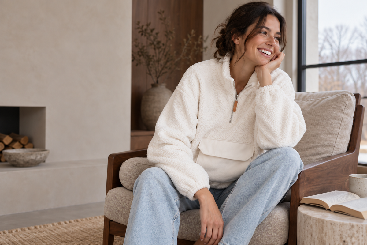 ADULT SHERPA ZIP PULLOVER | ALABASTER