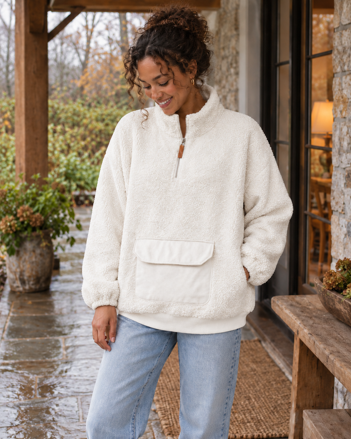 ADULT SHERPA ZIP PULLOVER | ALABASTER