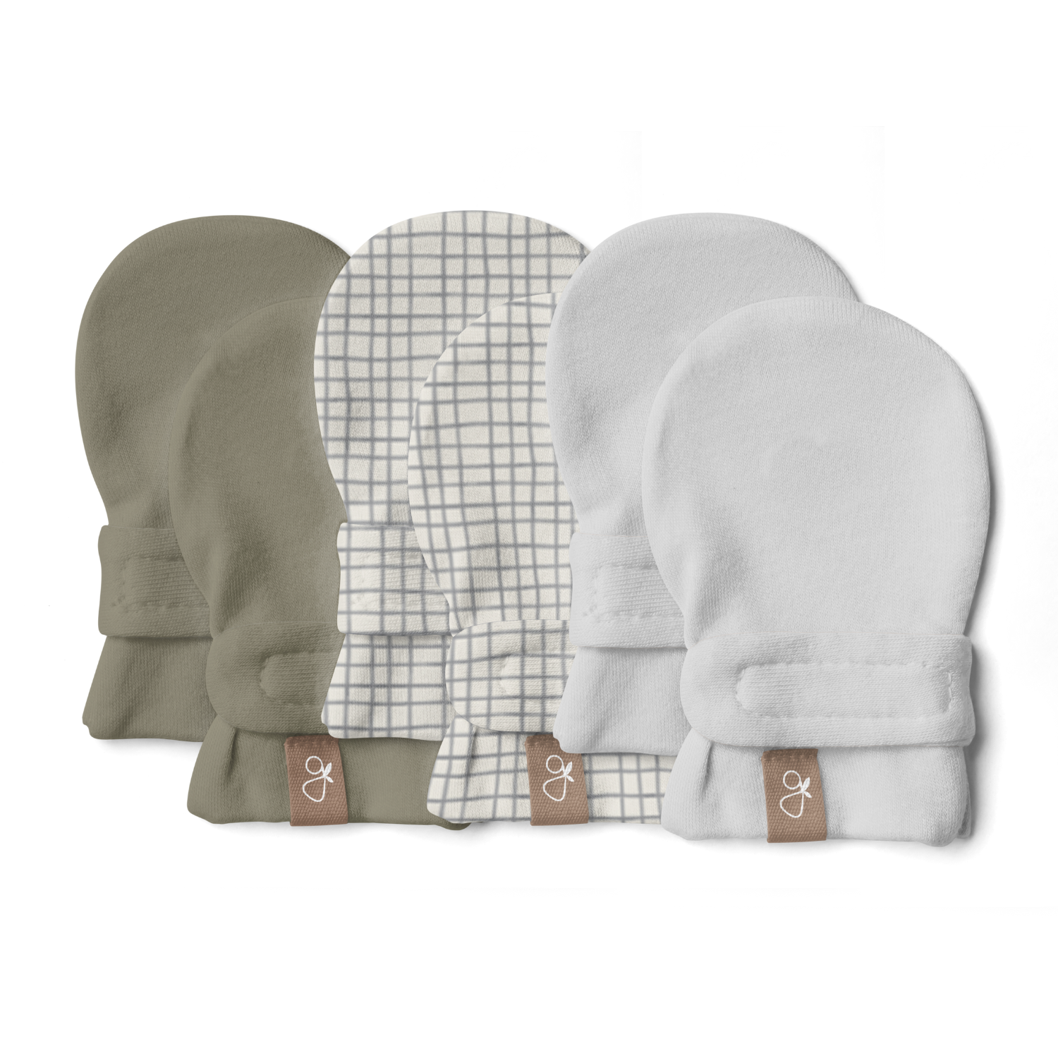 Goumi Kids ARTICHOKE + GRIDLOCK + DESERT MIST Stay-On Baby Mittens 3-Pack – organic cotton newborn mitts