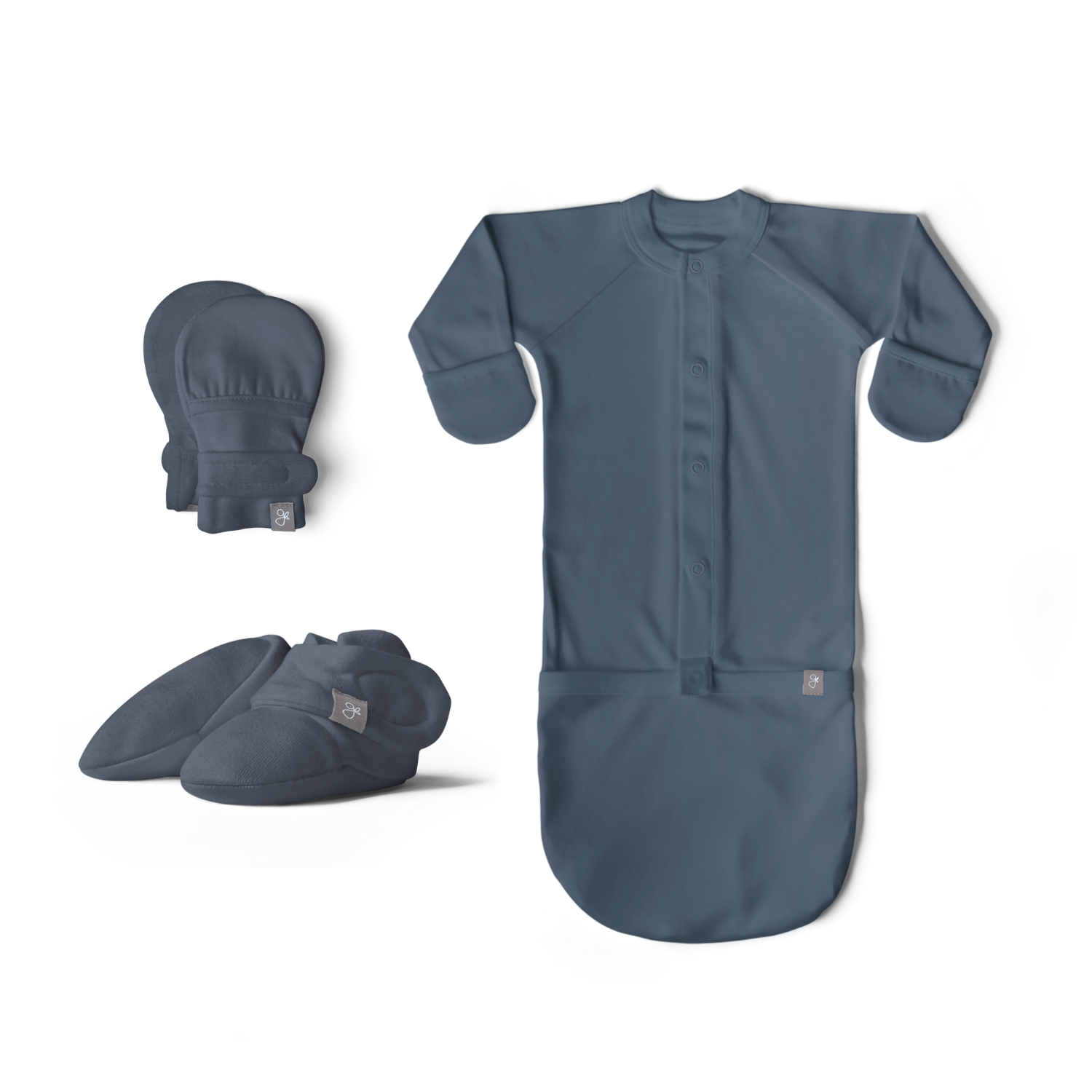 Goumi Kids Midnight Baby Layette Gift Set – stay-on mitts & boots, convertible sleeper gown, grow-with-you footie, gift-packaged – flat lay