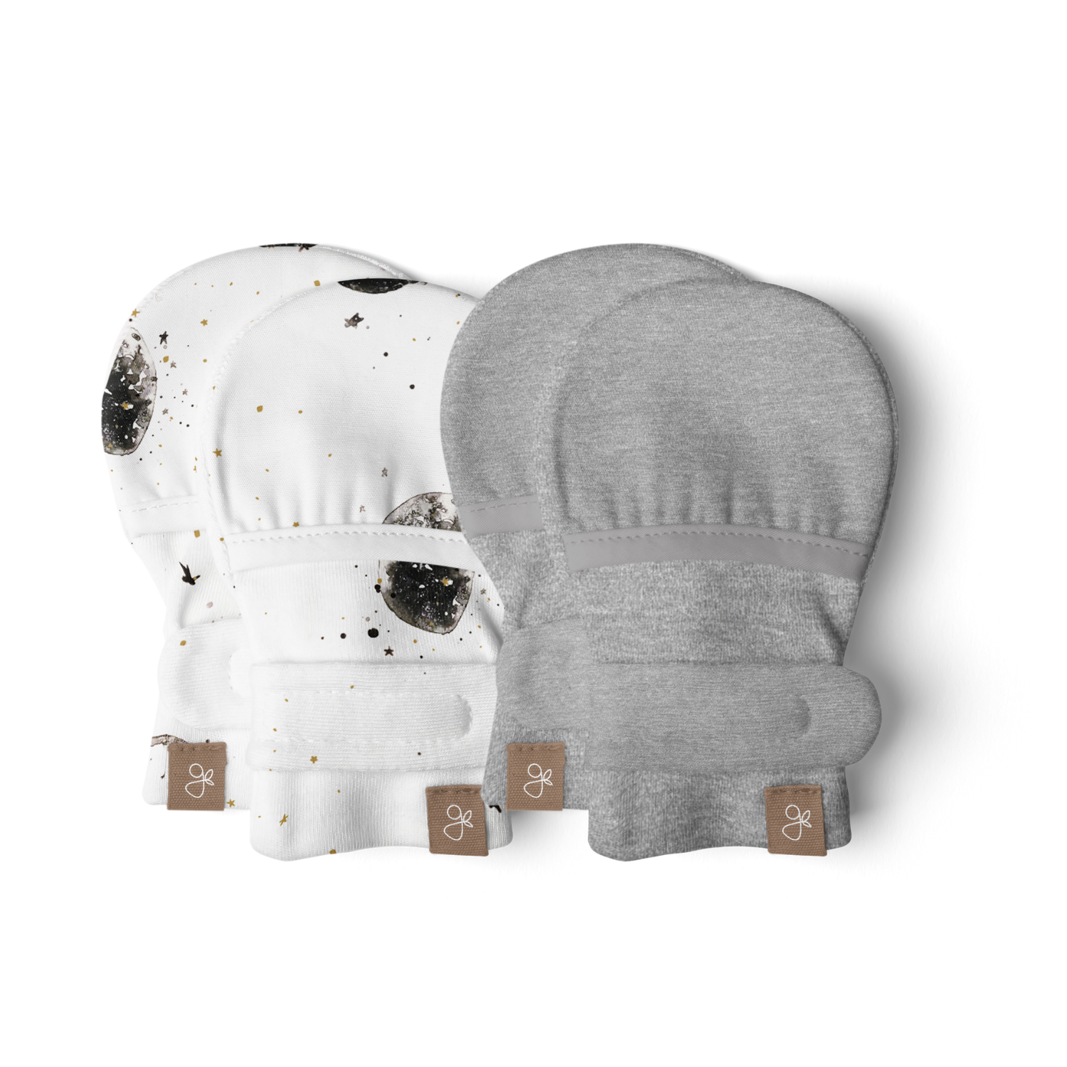 Goumi Kids MANY MOONS + PEBBLE Stay-On Baby Mittens 2-Pack – organic cotton newborn mitts