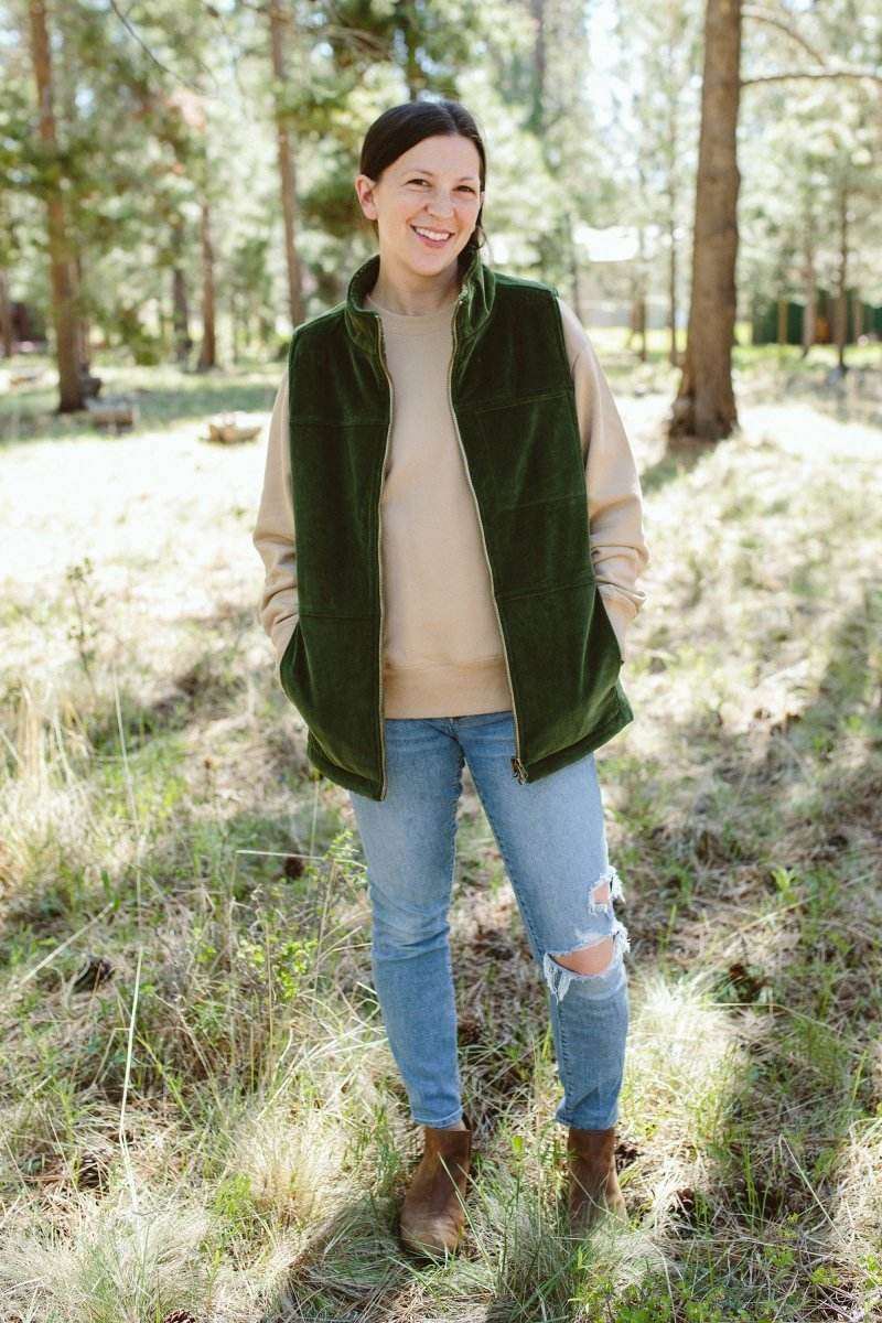ADULT SHERPA/CORDUROY REVERSIBLE VEST in deep spruce green corduroy, with a sleeveless open-front design