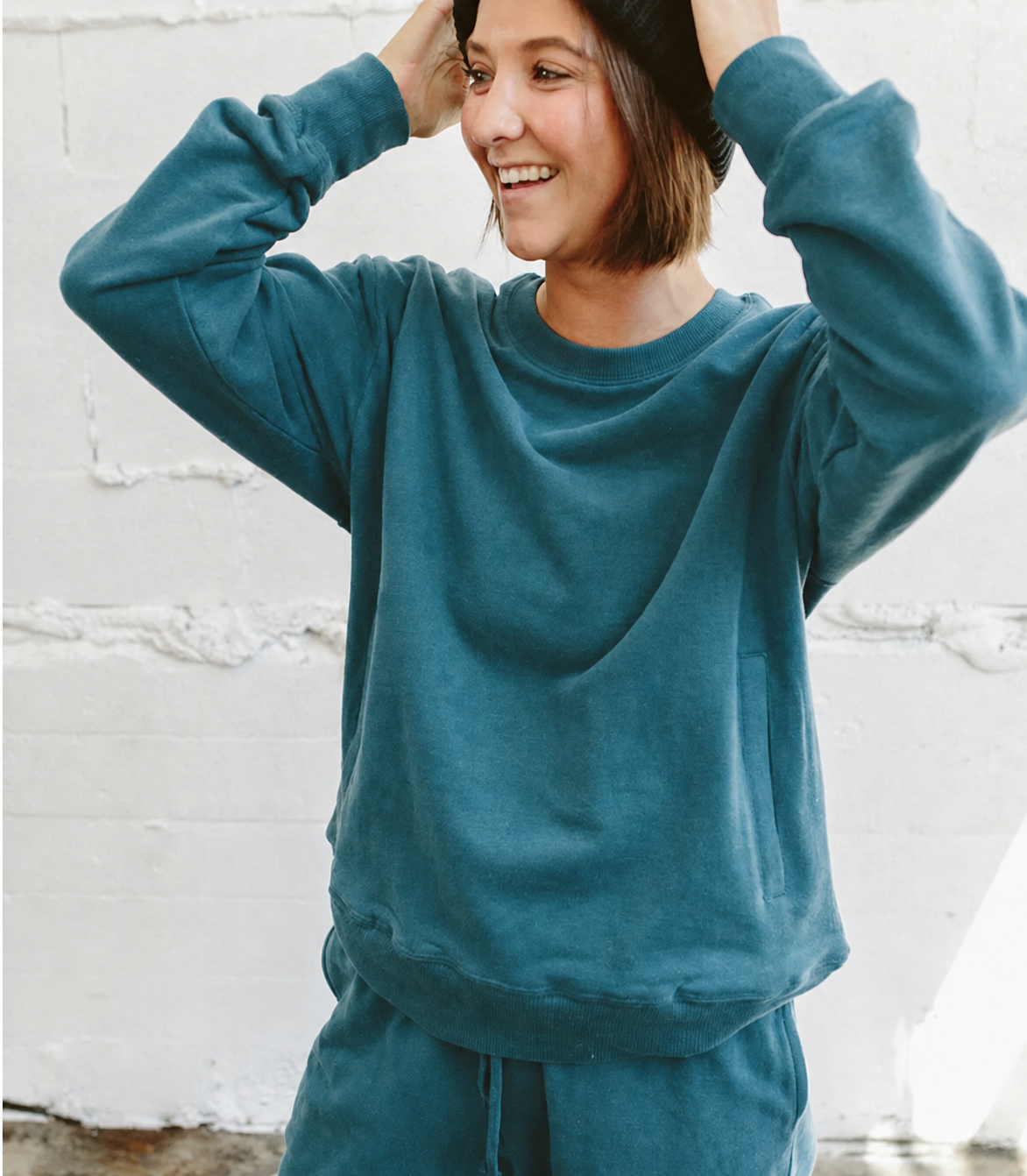 ADULT SWEATSUIT PANT in teal brushed terry, with a relaxed fit, elastic waistband and matching crewneck sweatshirt