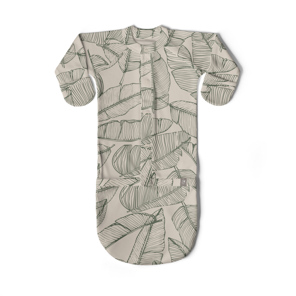 convertible gown in pale sage with an allover dark green leaf pattern, long sleeves and built-in mitts