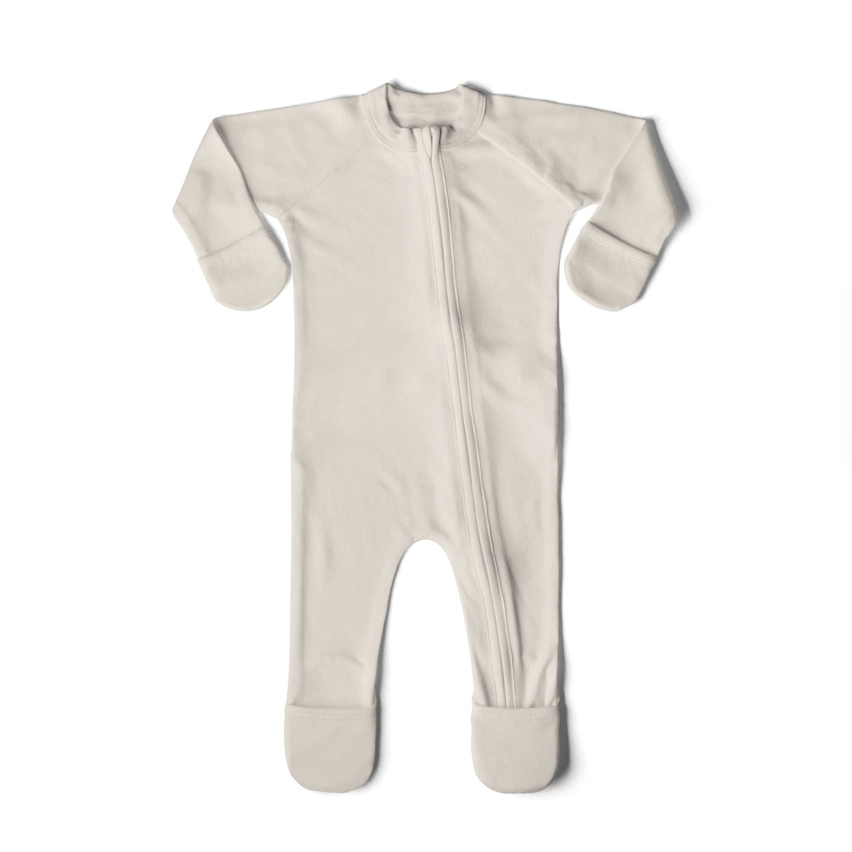 GROW WITH YOU FOOTIE baby footie in solid birch beige fabric, with a two-way front zipper and fold-over cuffs