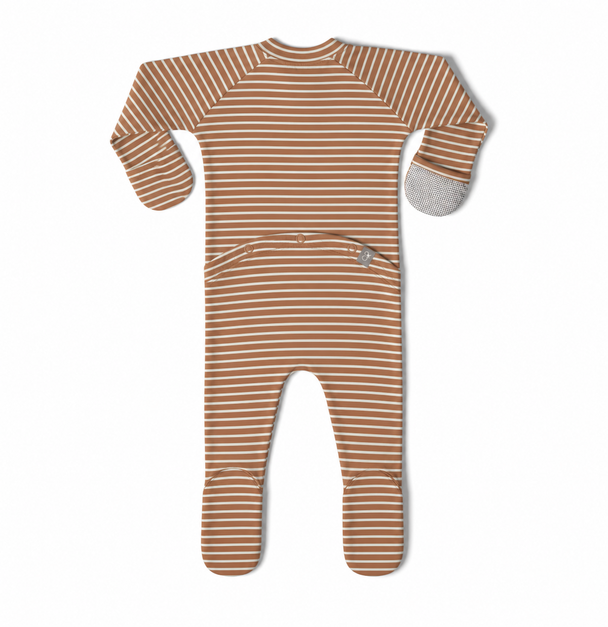 GROW WITH YOU FOOTIE in clay brown with cream stripes, soft knit fabric, fold-over mitts and convertible feet