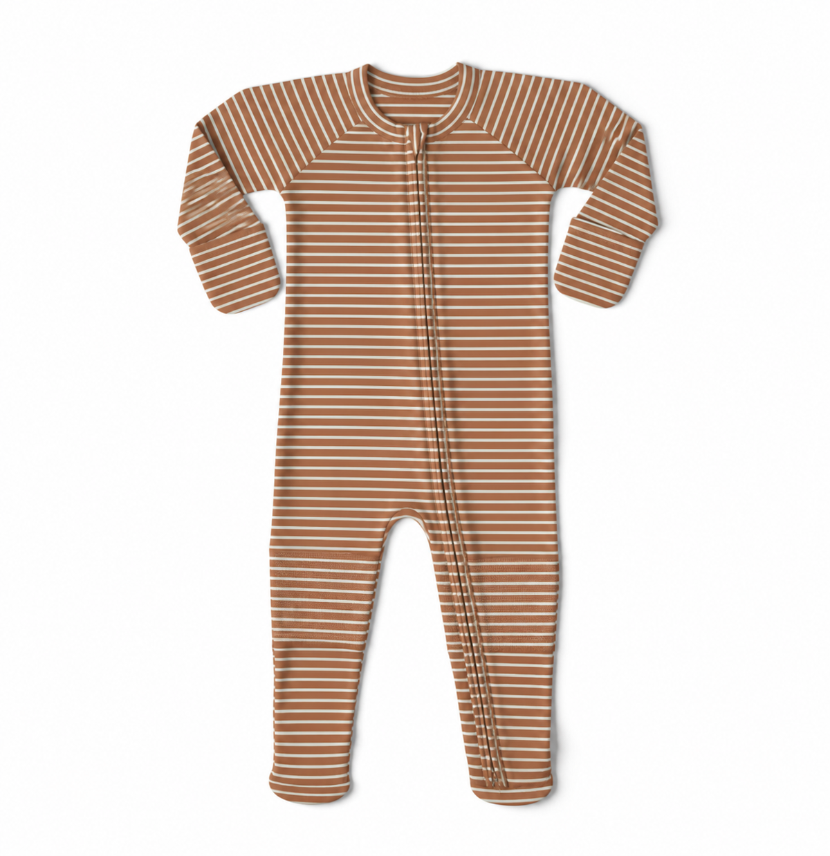 GROW WITH YOU FOOTIE in clay brown and cream stripes, with long sleeves and a front two-way zipper