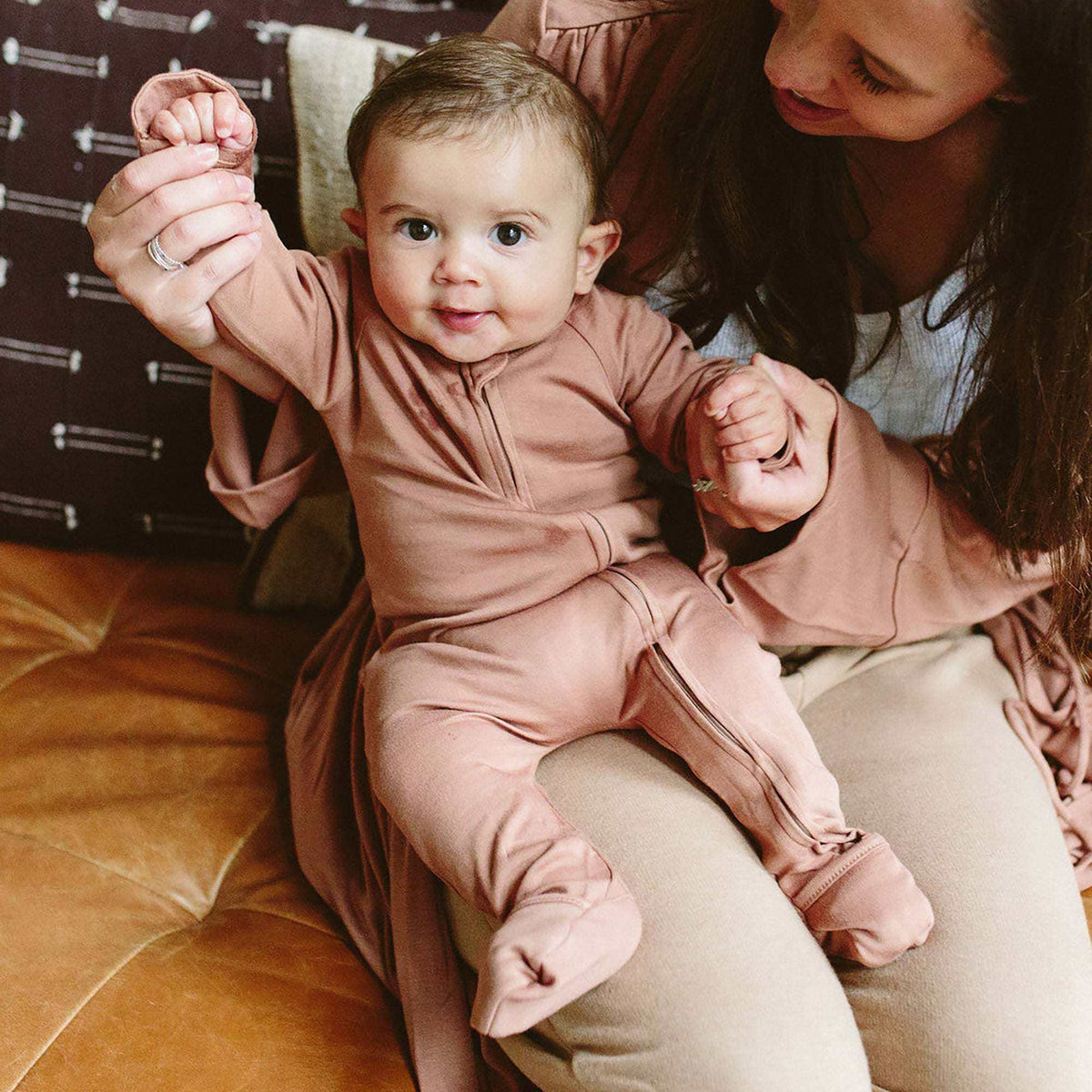 GROW WITH YOU FOOTIE in dusty rose bamboo organic cotton blend, with a wrap-style front and convertible footies