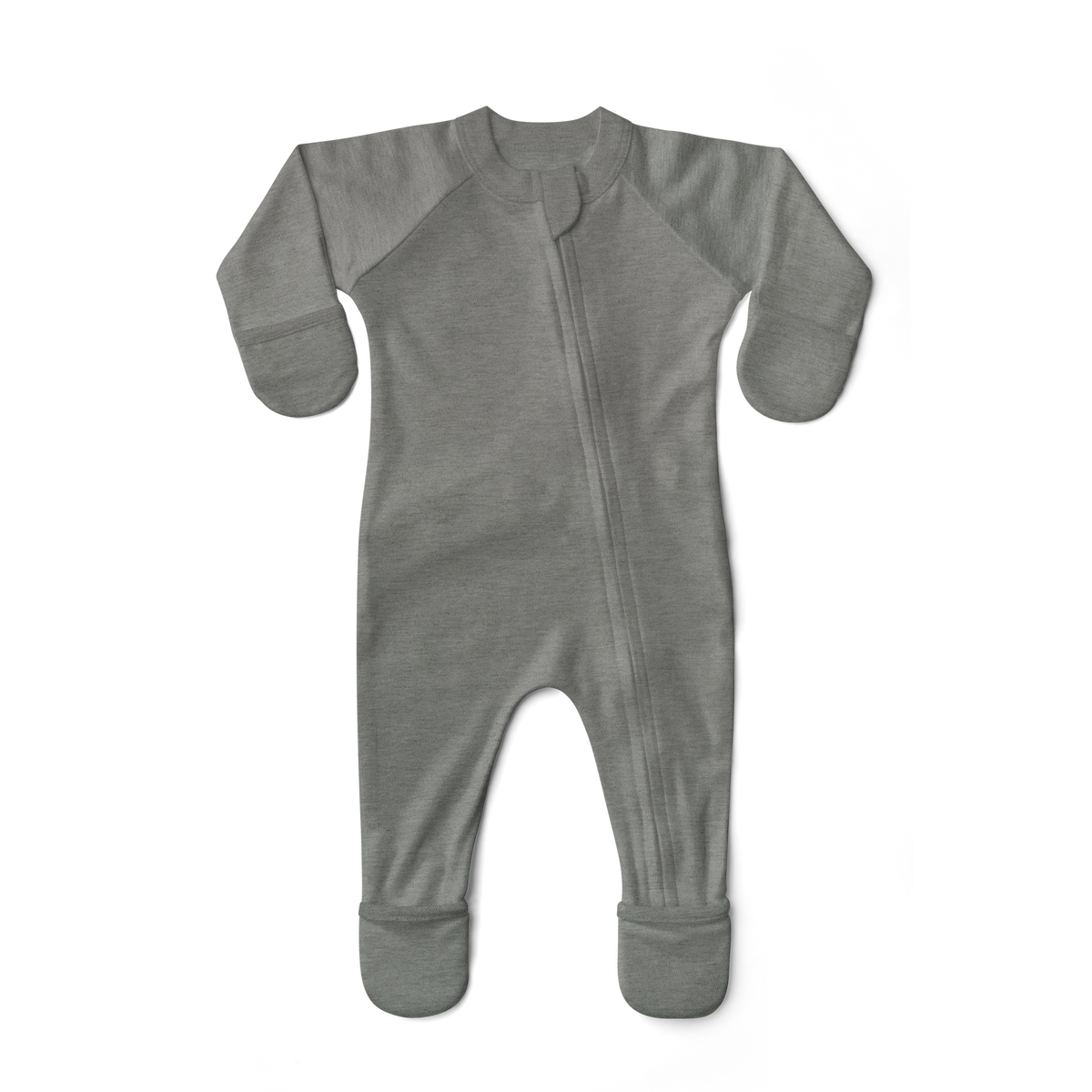 GROW WITH YOU FOOTIE in heather gray, a soft-looking baby sleeper with a front zipper and fold-over feet.