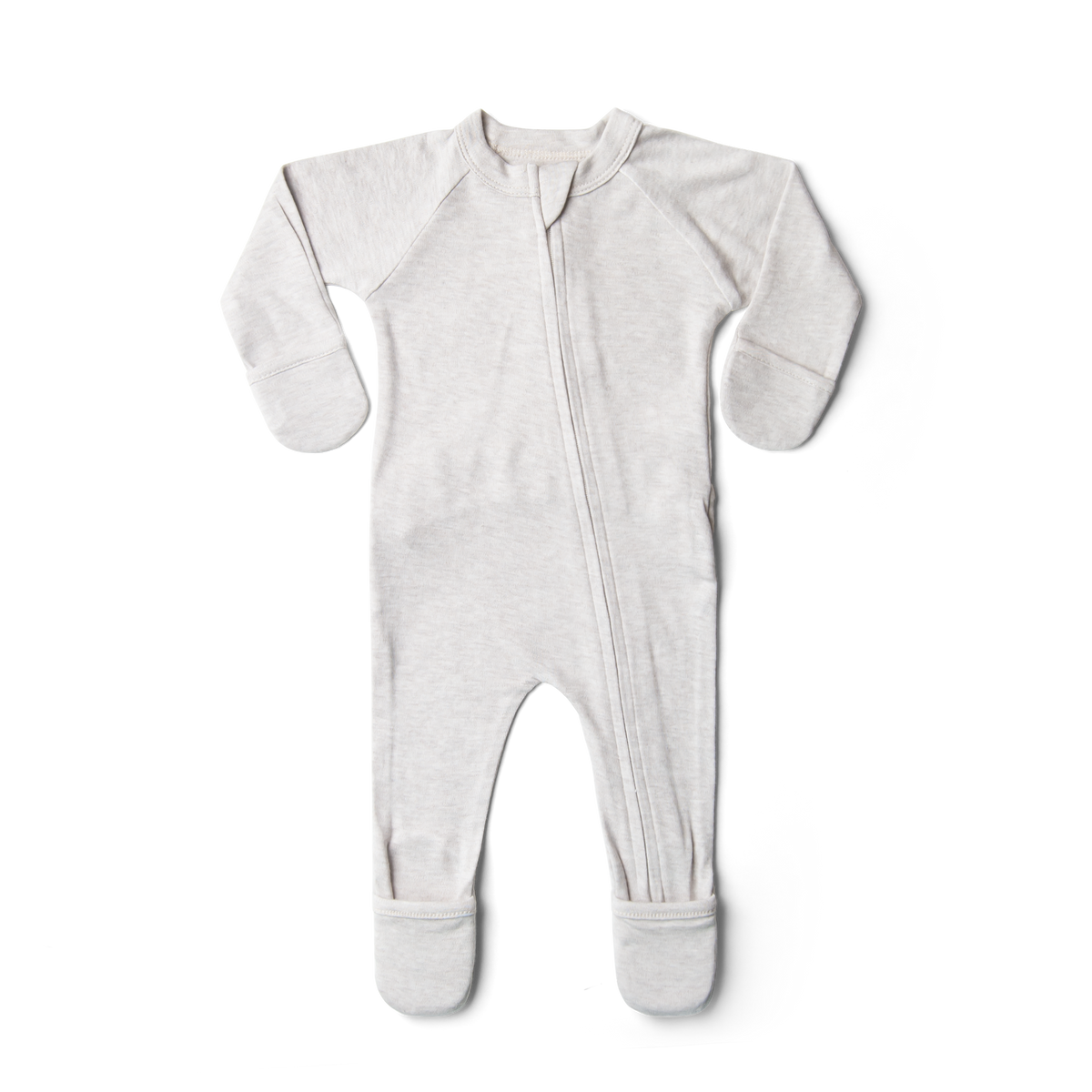 GROW WITH YOU FOOTIE in light gray soft knit fabric, featuring long sleeves, a front zipper, and convertible foot cuffs