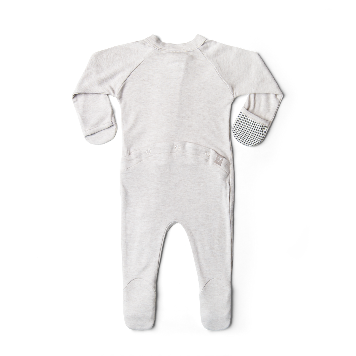 GROW WITH YOU FOOTIE in pale gray knit with long sleeves, enclosed feet, fold-over mitts and a wrap-style buttoned waist