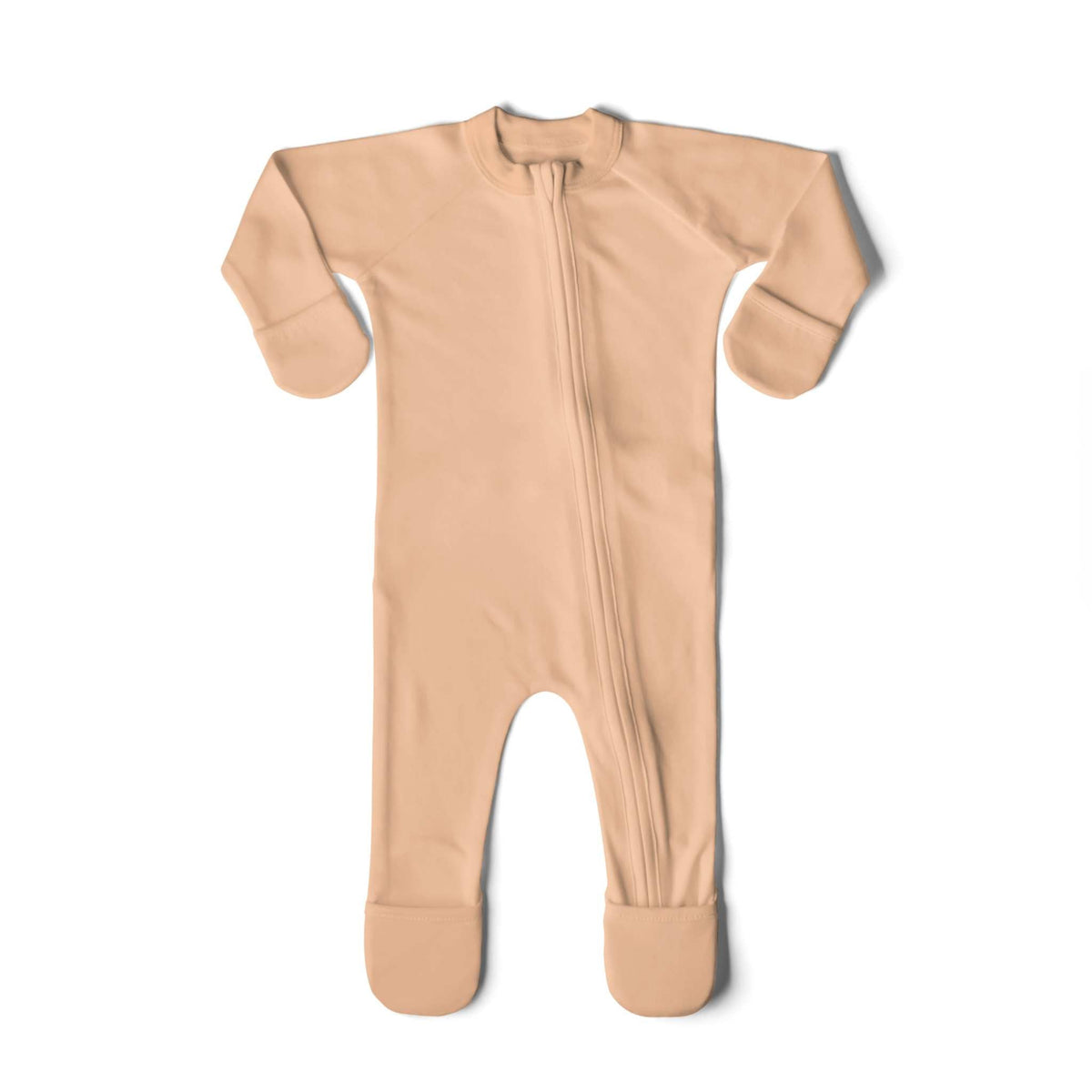 GROW WITH YOU FOOTIE in soft peach fabric with a full-length front zipper and convertible foot cuffs