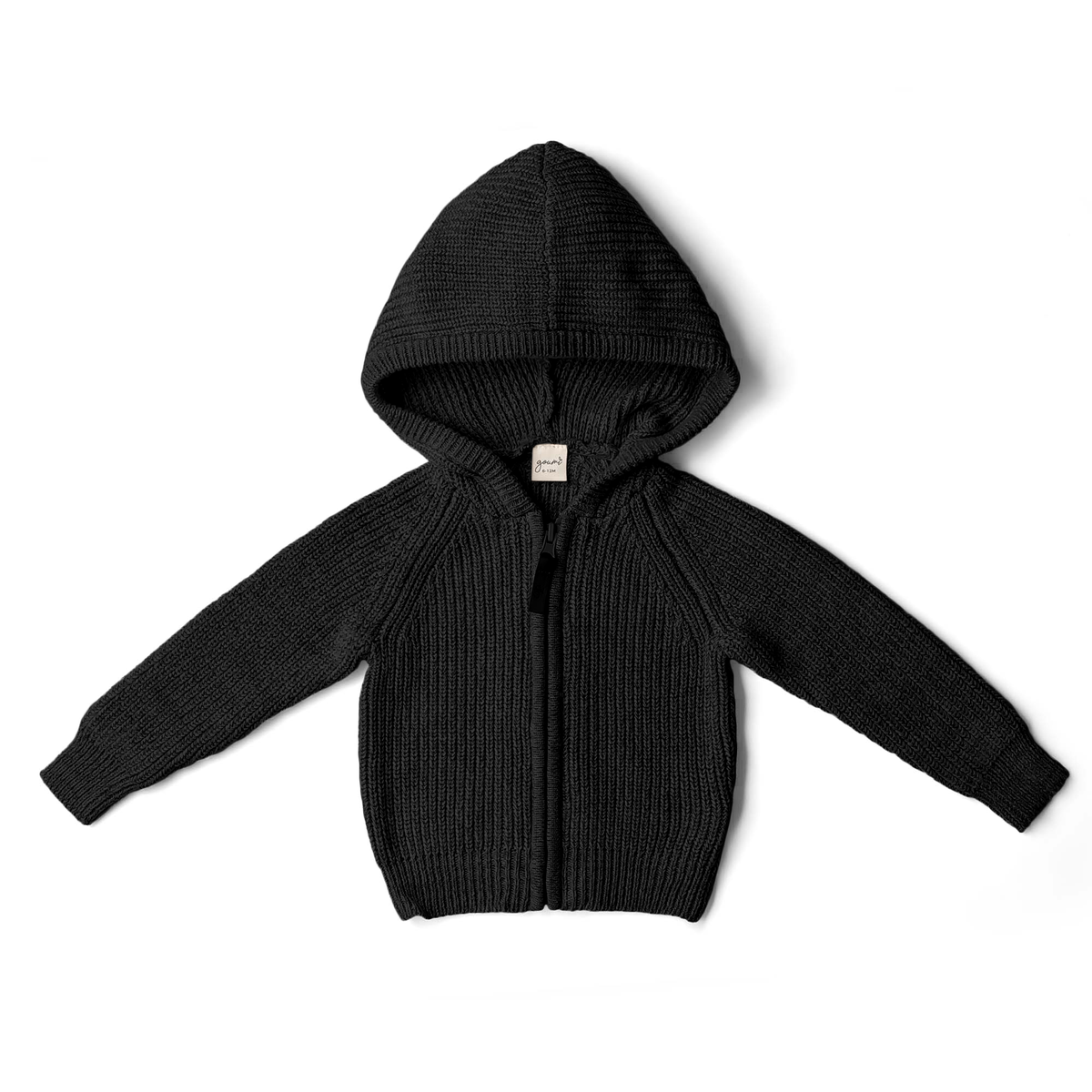 KNIT HOODIE in black chunky ribbed knit with a full-length zipper, long sleeves and an oversized hood
