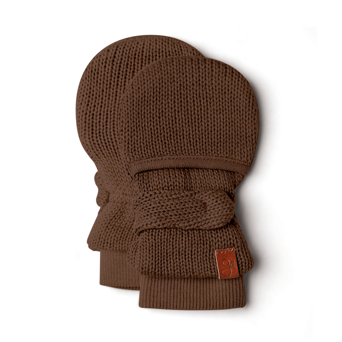 KNIT MITTS in warm brown organic knit cotton with chunky ribbed cuffs and adjustable wraparound closures