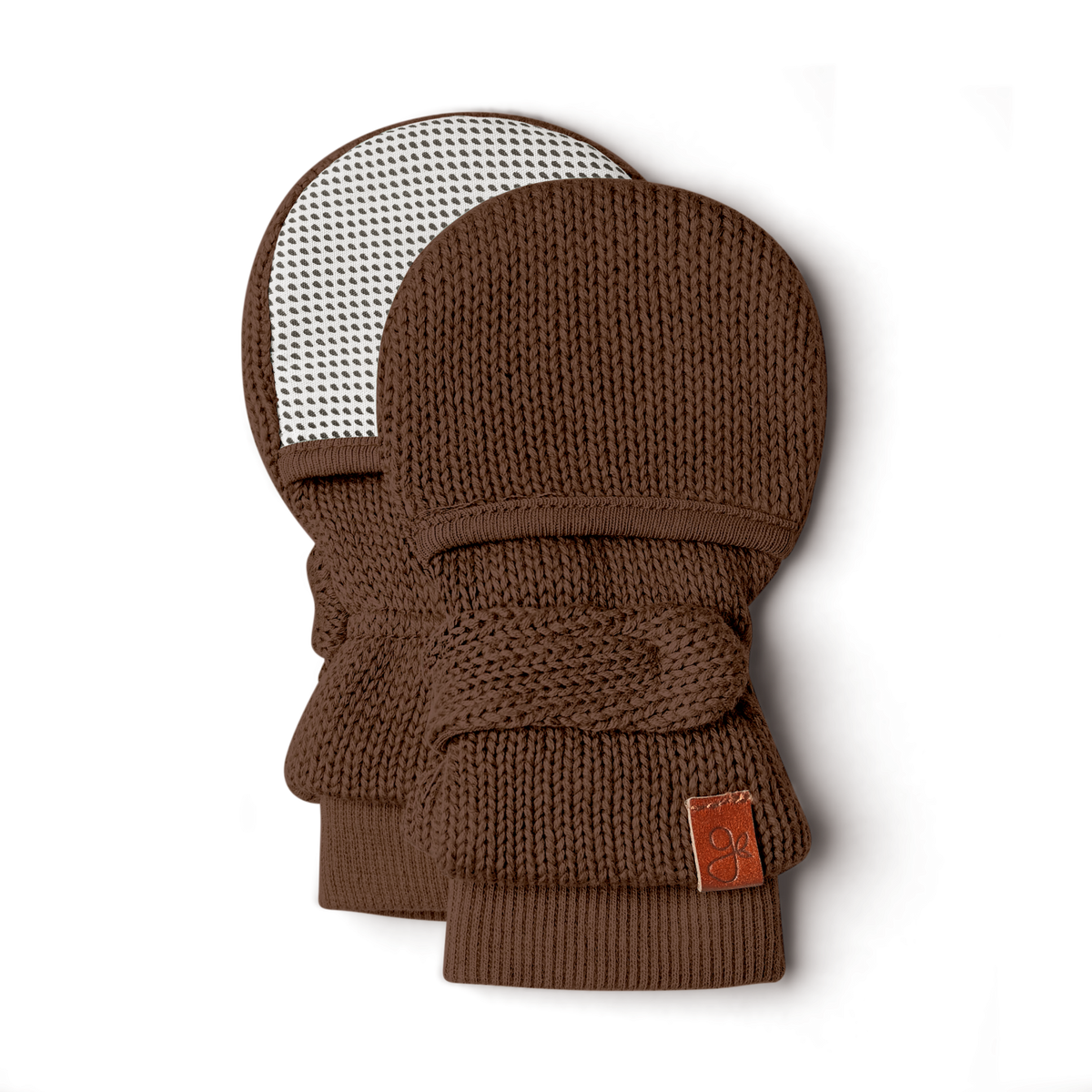 KNIT MITTS in brown ribbed organic cotton with a chunky wrist cuff, adjustable closure and leather label