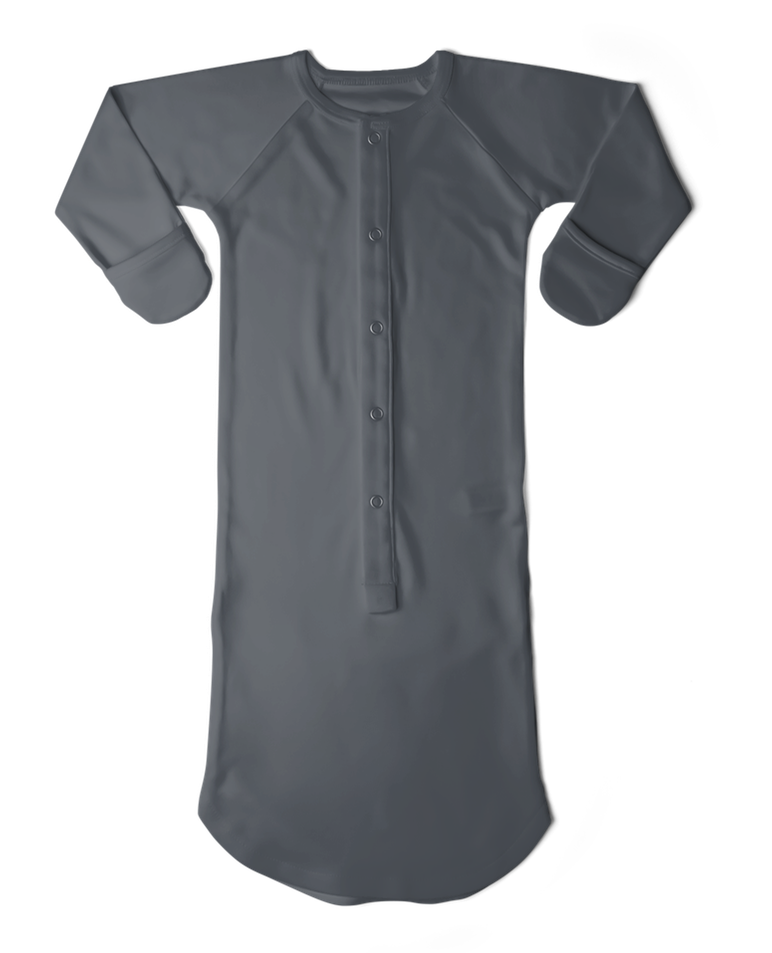 PREEMIE 24 HOUR CONVERTIBLE GOWN in solid midnight charcoal, with long sleeves, covered mitts and a snap-front closure