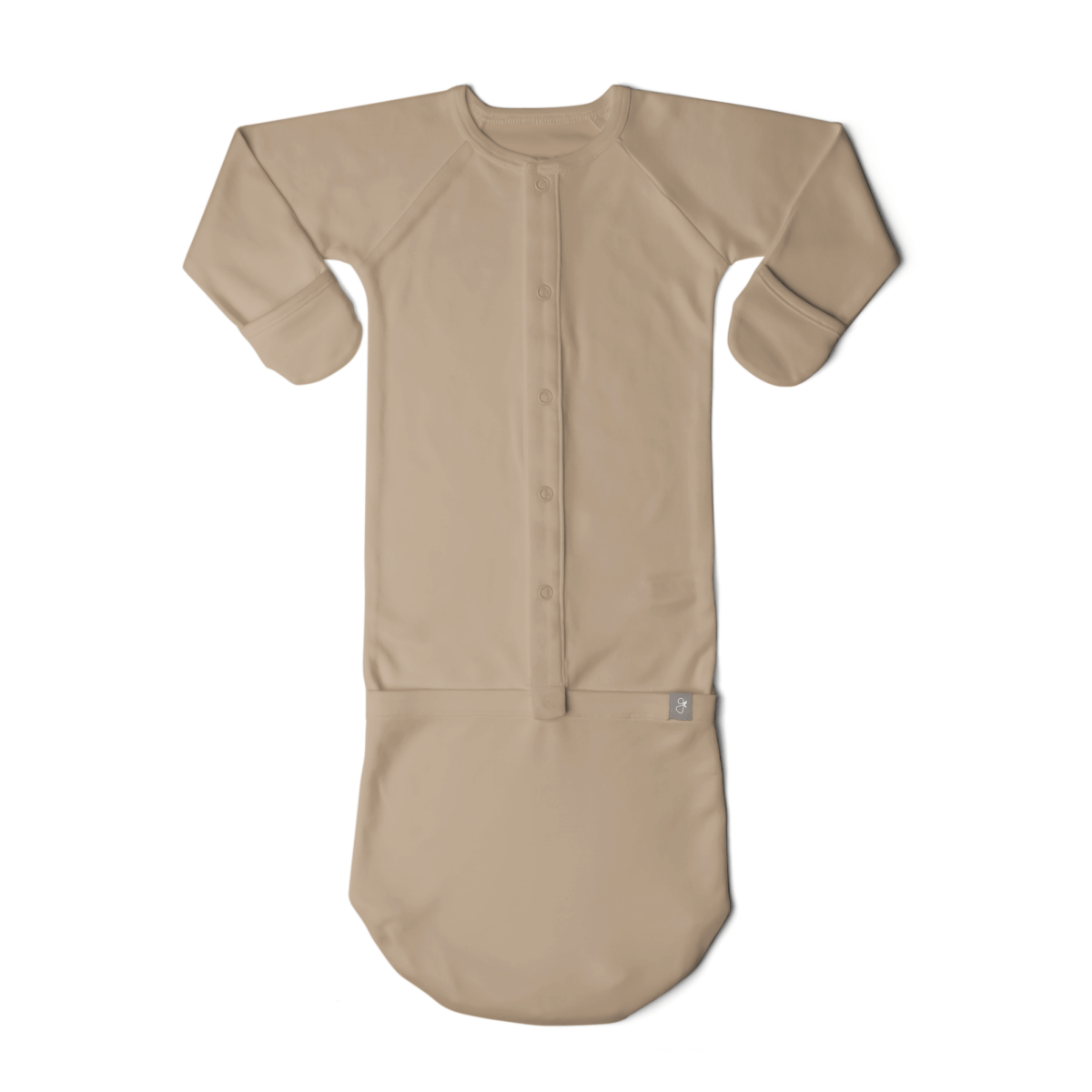 Goumi Kids Sandstone Baby Layette Gift Set – stay-on mitts & boots, convertible sleeper gown, grow-with-you footie, gift-packaged – detail view