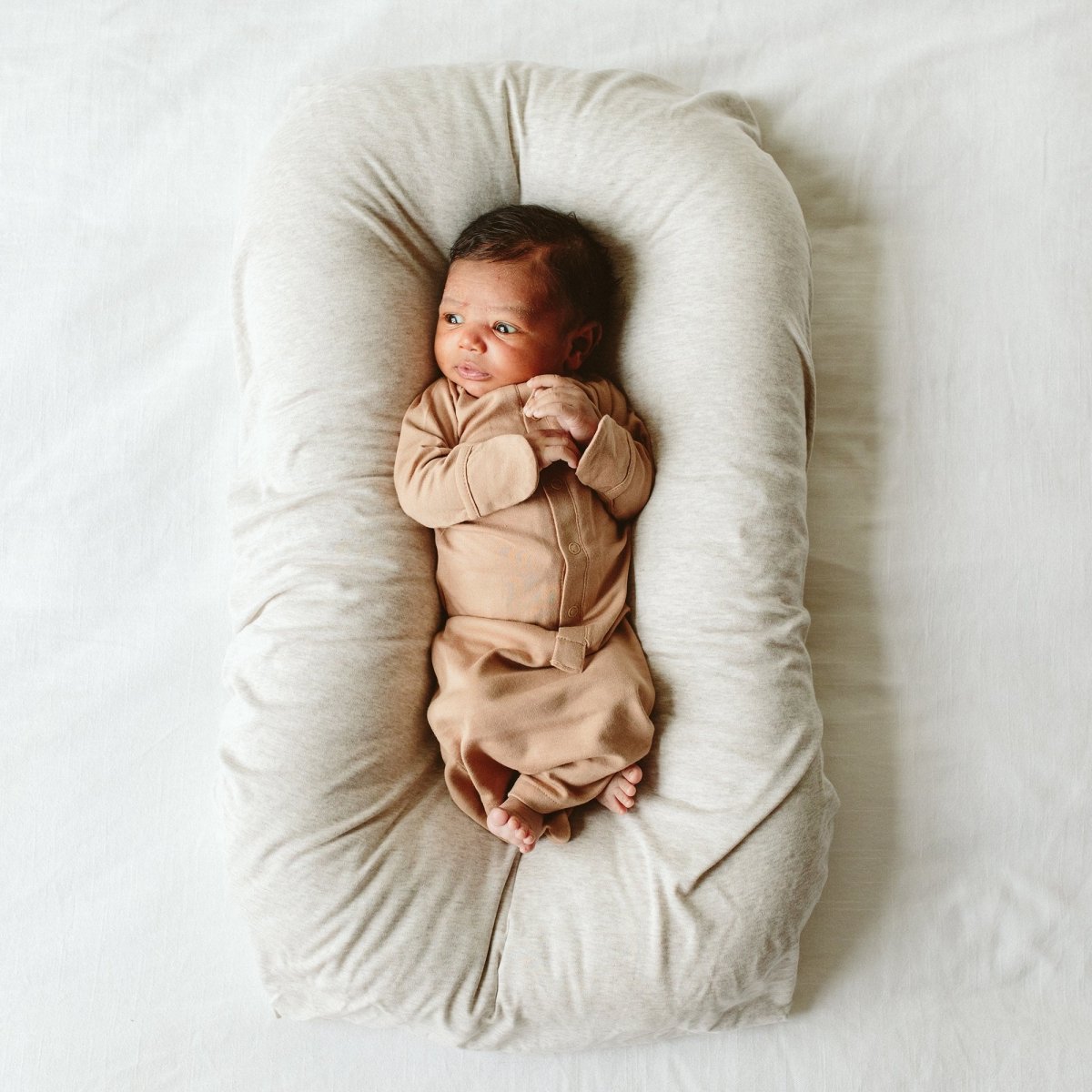 Goumi Kids Sandstone Baby Layette Gift Set – stay-on mitts & boots, convertible sleeper gown, grow-with-you footie, gift-packaged – lifestyle