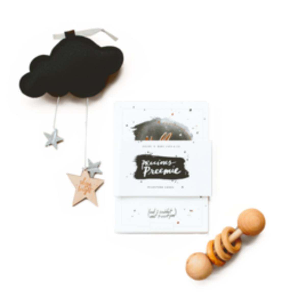 Preemie Sleep Set with black cloud mobile, hanging stars, milestone cards and natural wood bead rattle