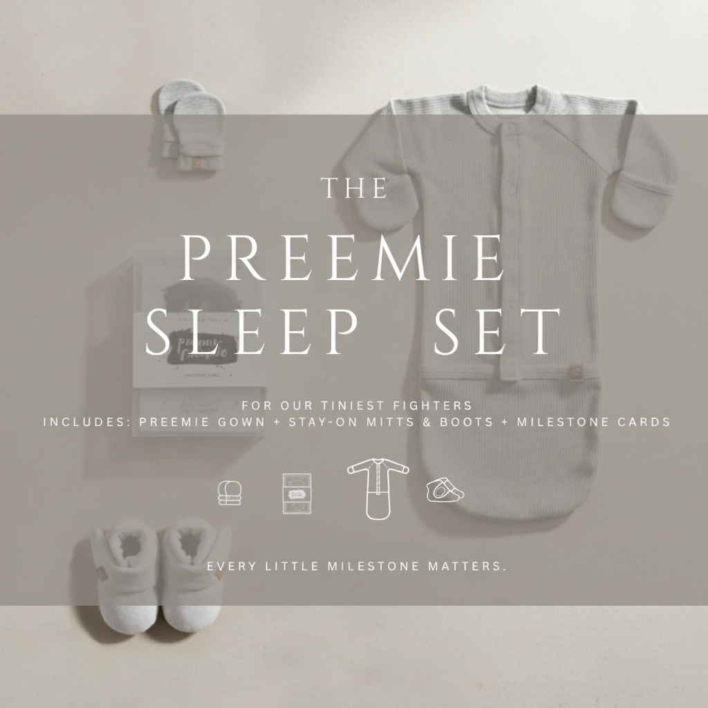 Preemie Sleep Set in light gray ribbed knit, featuring a long-sleeve convertible gown, matching mitts and tiny boots