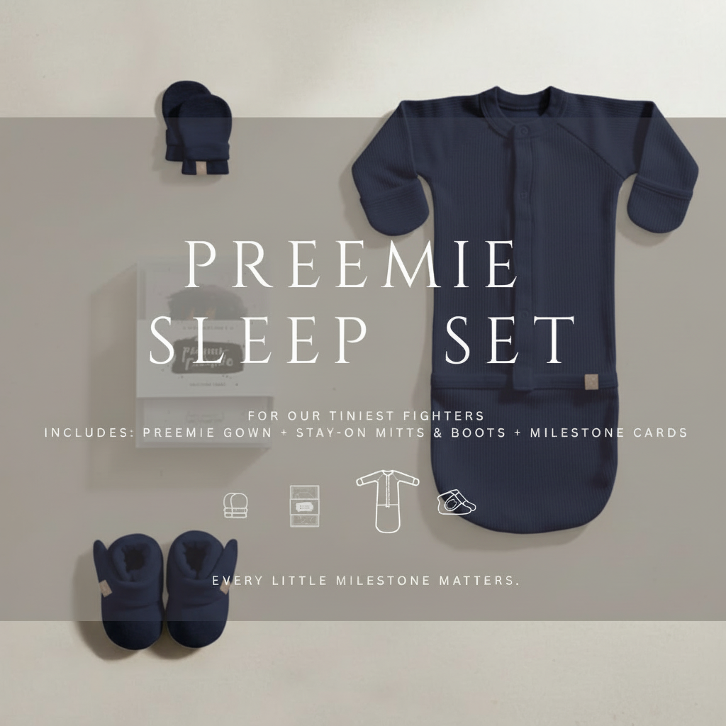 Preemie Sleep Set with a midnight navy ribbed convertible gown, matching mitts and boots, plus milestone cards