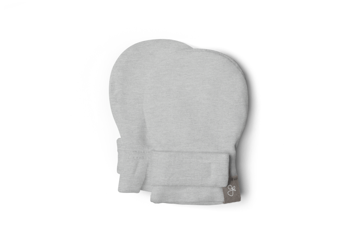 PREEMIE STAY ON MITTS in soft storm gray fabric, with a rounded shape and adjustable wraparound wrist closure.