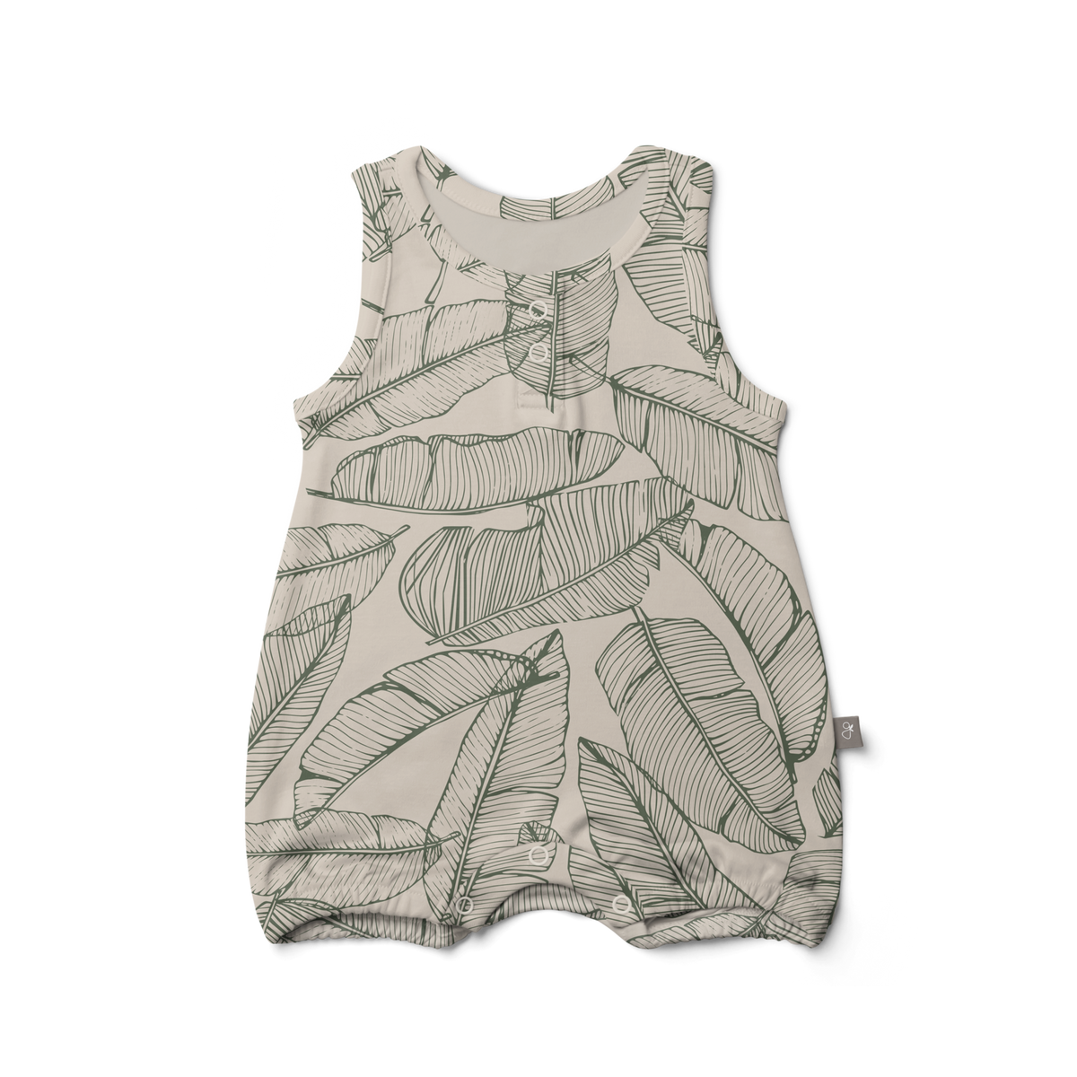 QUICK CHANGE ROMPER in a pale beige fabric with a dark green tropical leaf pattern, sleeveless with bottom snaps