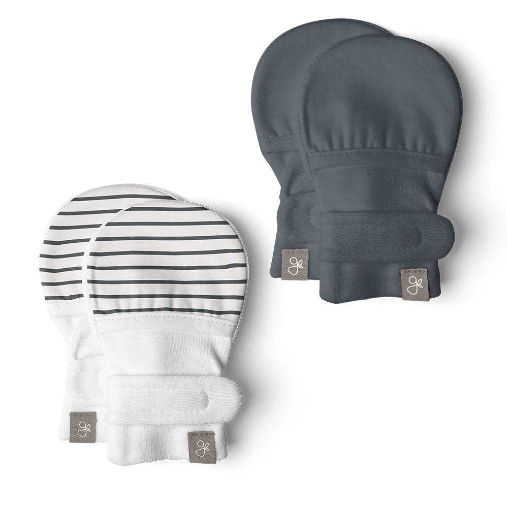 Quiet Night Starter Set of baby mitts in solid charcoal gray and white with thin gray stripes, featuring fold-over cuffs.