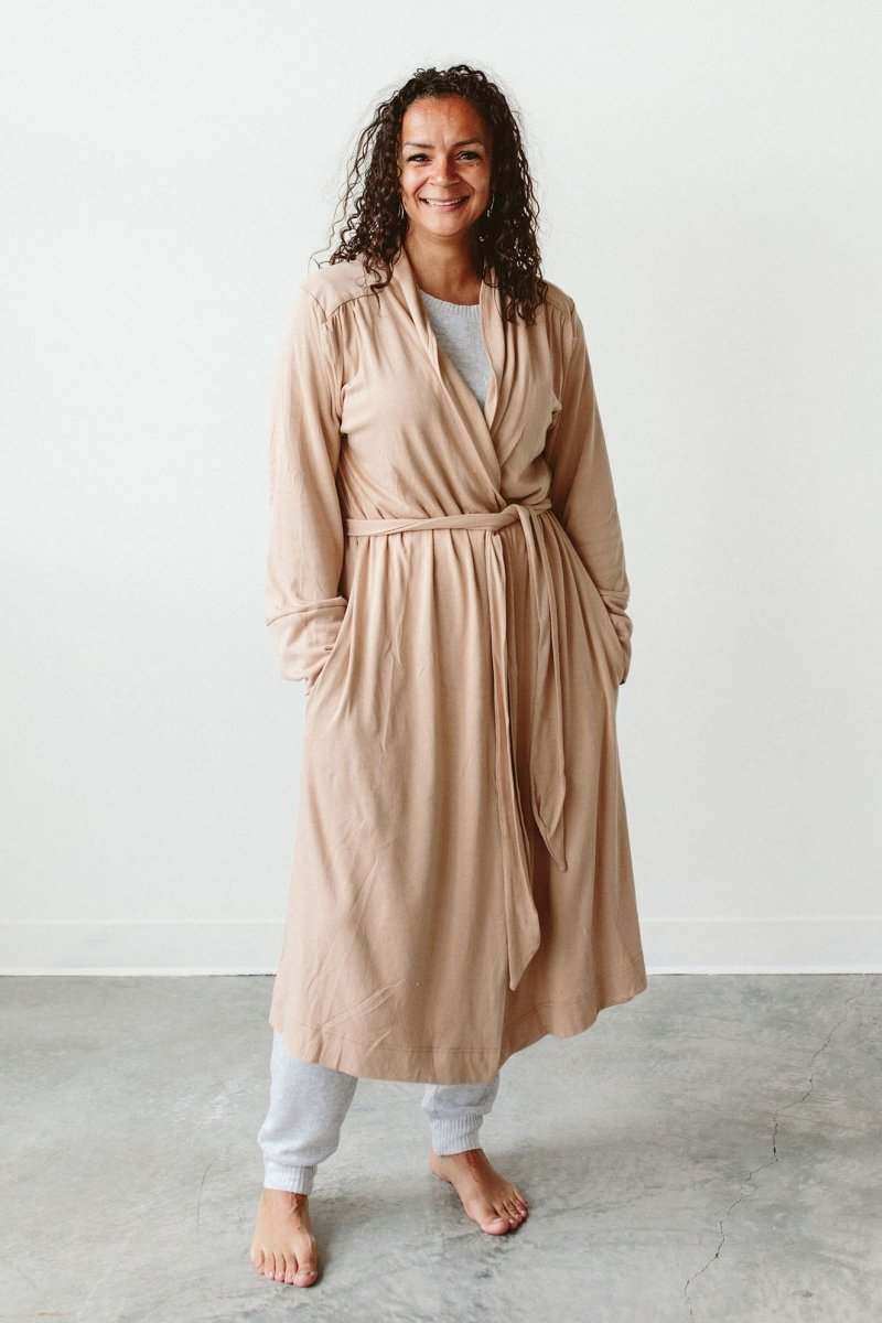 Second Chance Womens Robe in sandstone beige, with a soft draped fabric, shawl collar, waist tie and pockets