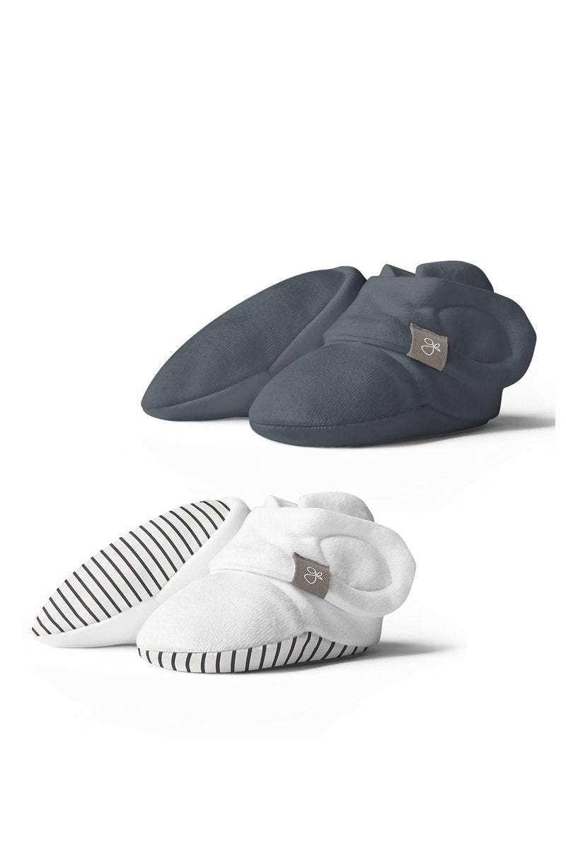 STAY ON 2-PACK BOOTS in charcoal gray and white, with soft fabric uppers, adjustable wrap closures, and striped soles