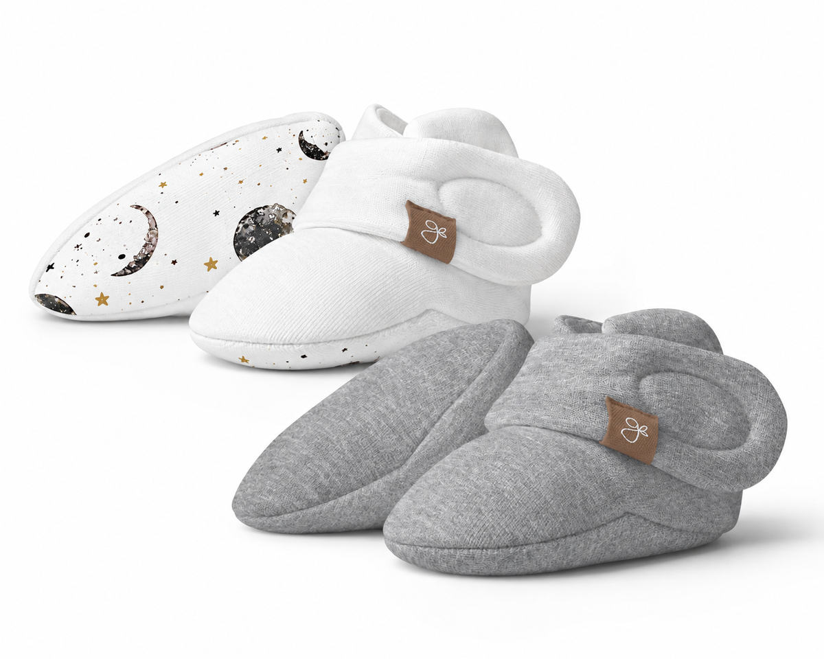 STAY ON 2-PACK BOOTS in white and grey fabric, with adjustable wraparound closures and a moon-and-star print