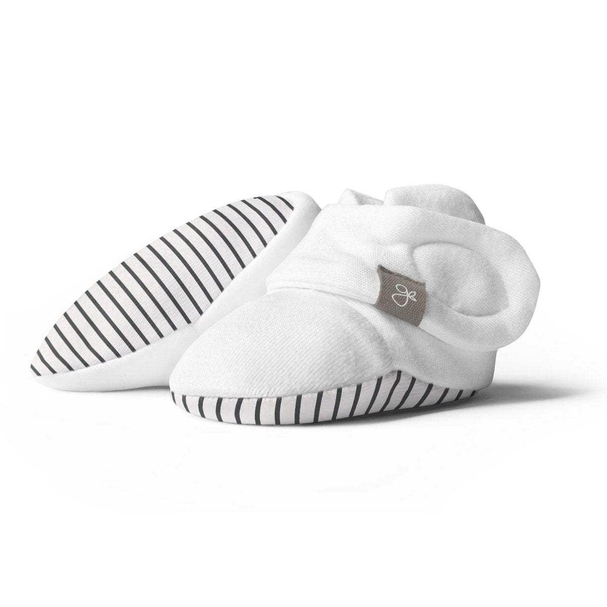 STAY ON 2-PACK BOOTS in soft white knit with gray striped soles and adjustable wraparound closures