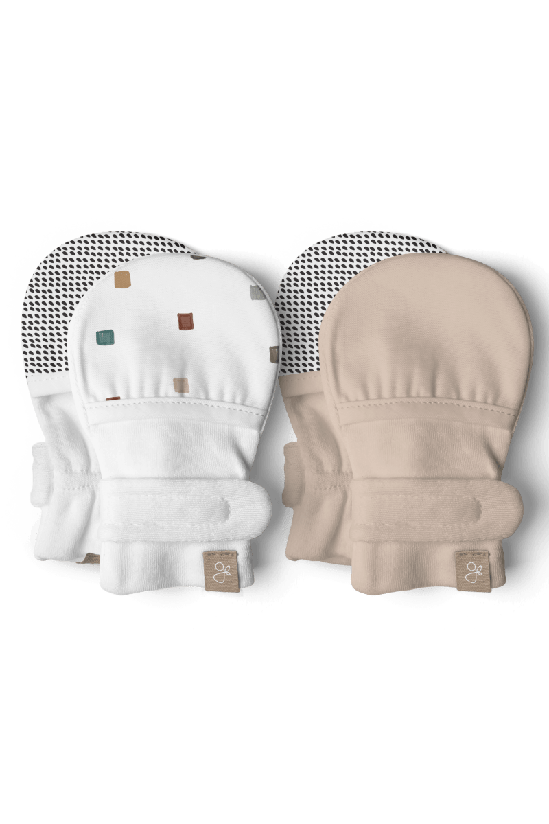 Goumi Kids CITY BLOCKS + SANDSTONE Stay-On Baby Mittens 2-Pack – organic cotton newborn mitts