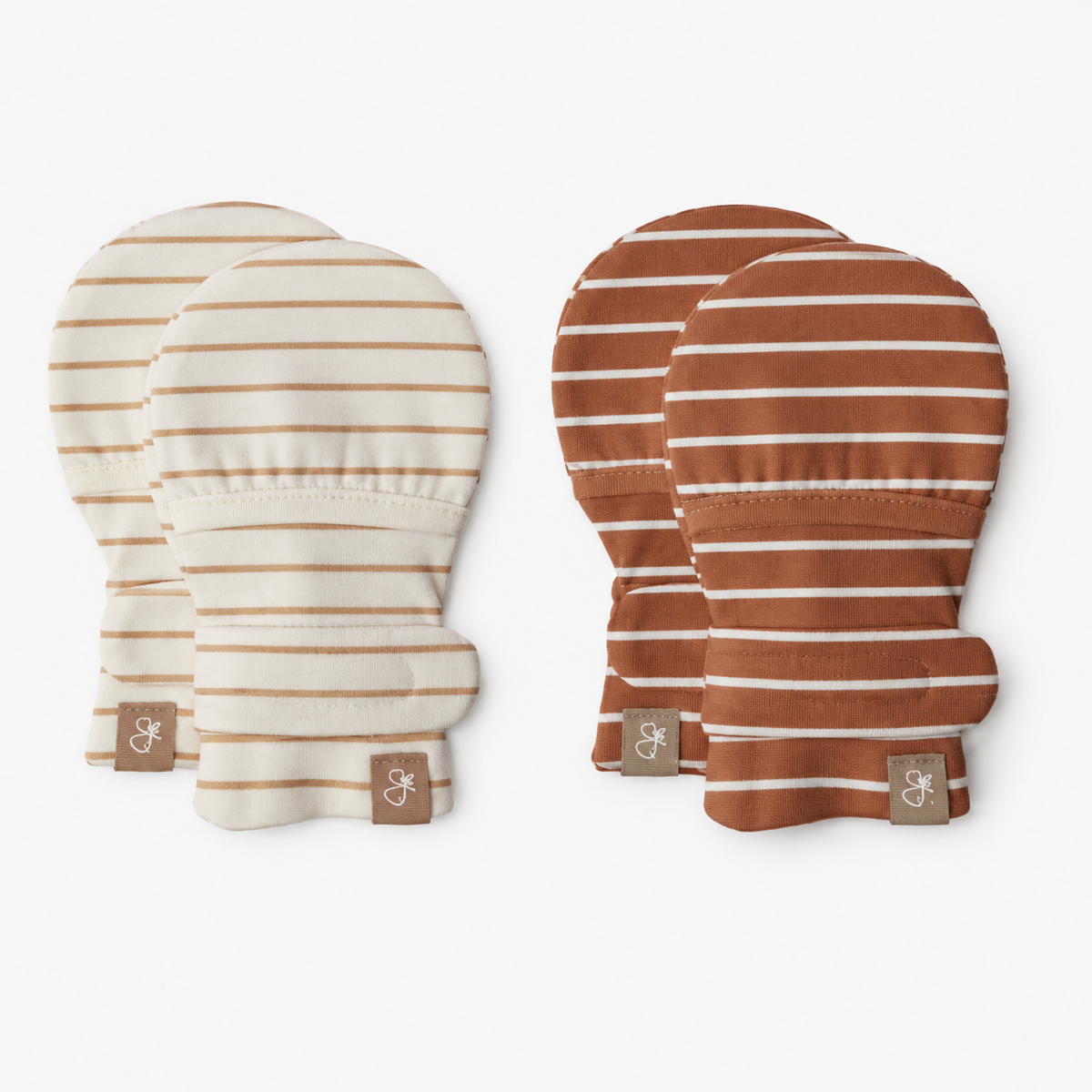 STAY ON 2-PACK MITTS in cream and rust brown, with thin contrasting stripes and adjustable wraparound closures