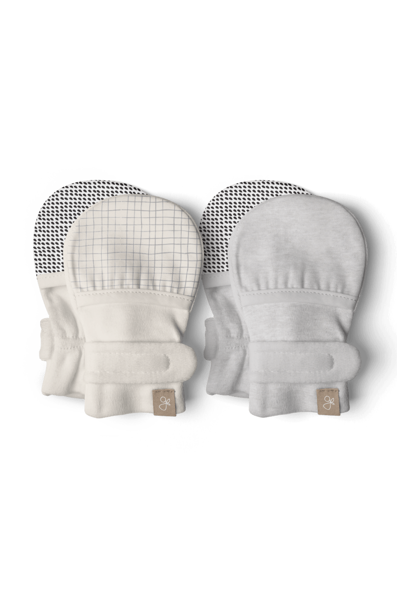 Goumi Kids STORM GRAY + GRIDLOCK Stay-On Baby Mittens 2-Pack – organic cotton newborn mitts