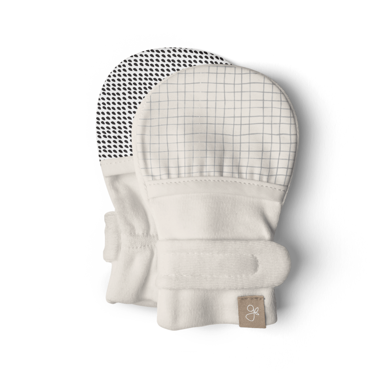 Goumi Kids STORM GRAY + GRIDLOCK Stay-On Baby Mittens 2-Pack – organic cotton newborn mitts – flat lay