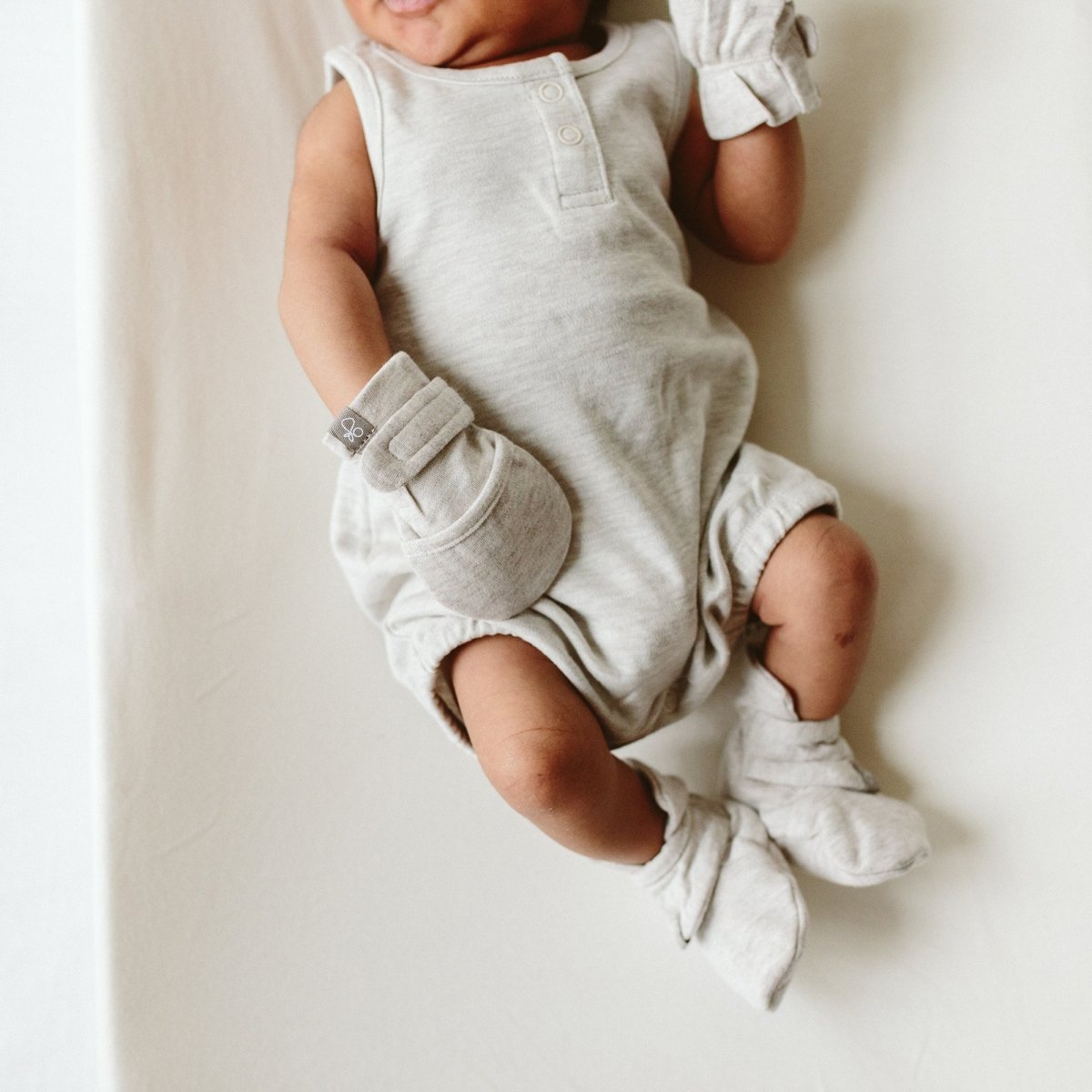 Goumi Kids STORM GRAY + GRIDLOCK Stay-On Baby Mittens 2-Pack – organic cotton newborn mitts – lifestyle