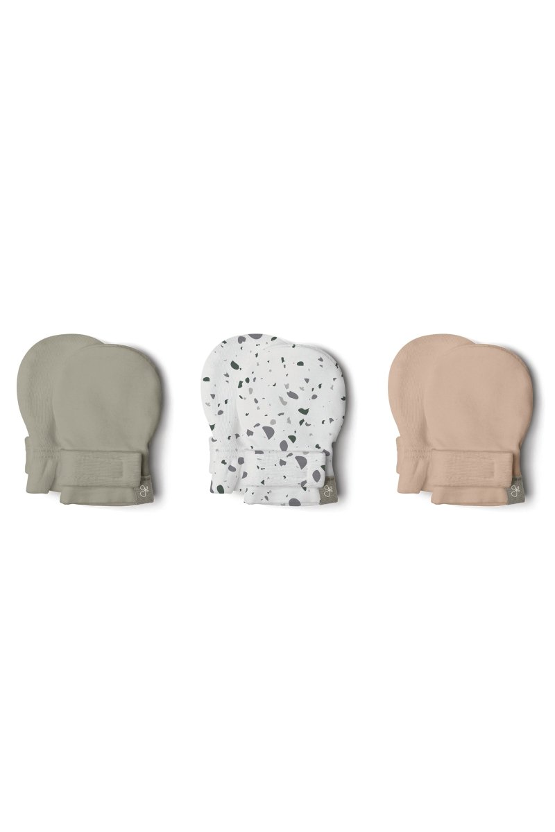 Goumi Kids MOSS + TERRAZZO + SANDSTONE Stay-On Baby Mittens 3-Pack – organic cotton newborn mitts