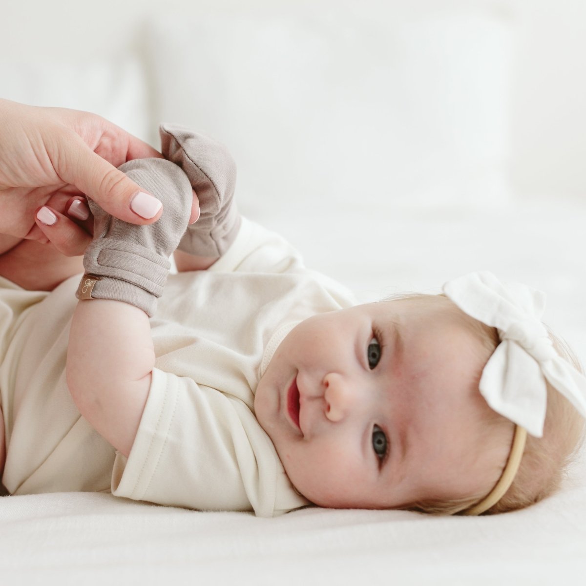Goumi Kids LAVENDER + DANDELION + HIGH PRAIRIE Stay-On Baby Mittens 3-Pack – organic cotton newborn mitts – lifestyle