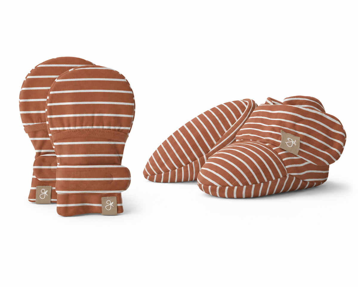 STAY ON MITTS and matching baby booties in rust brown with white stripes and adjustable wraparound closures