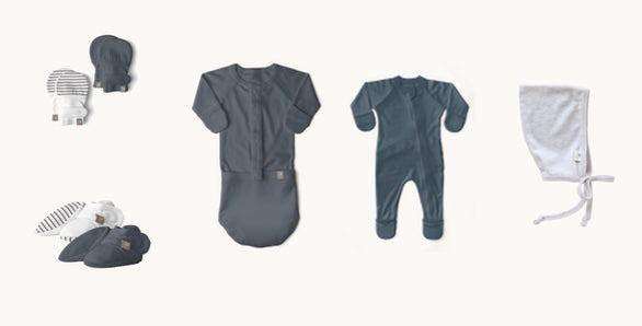 Welcome Home Set with charcoal gray convertible gown, midnight footie, striped mitts and boots, and a light gray hat