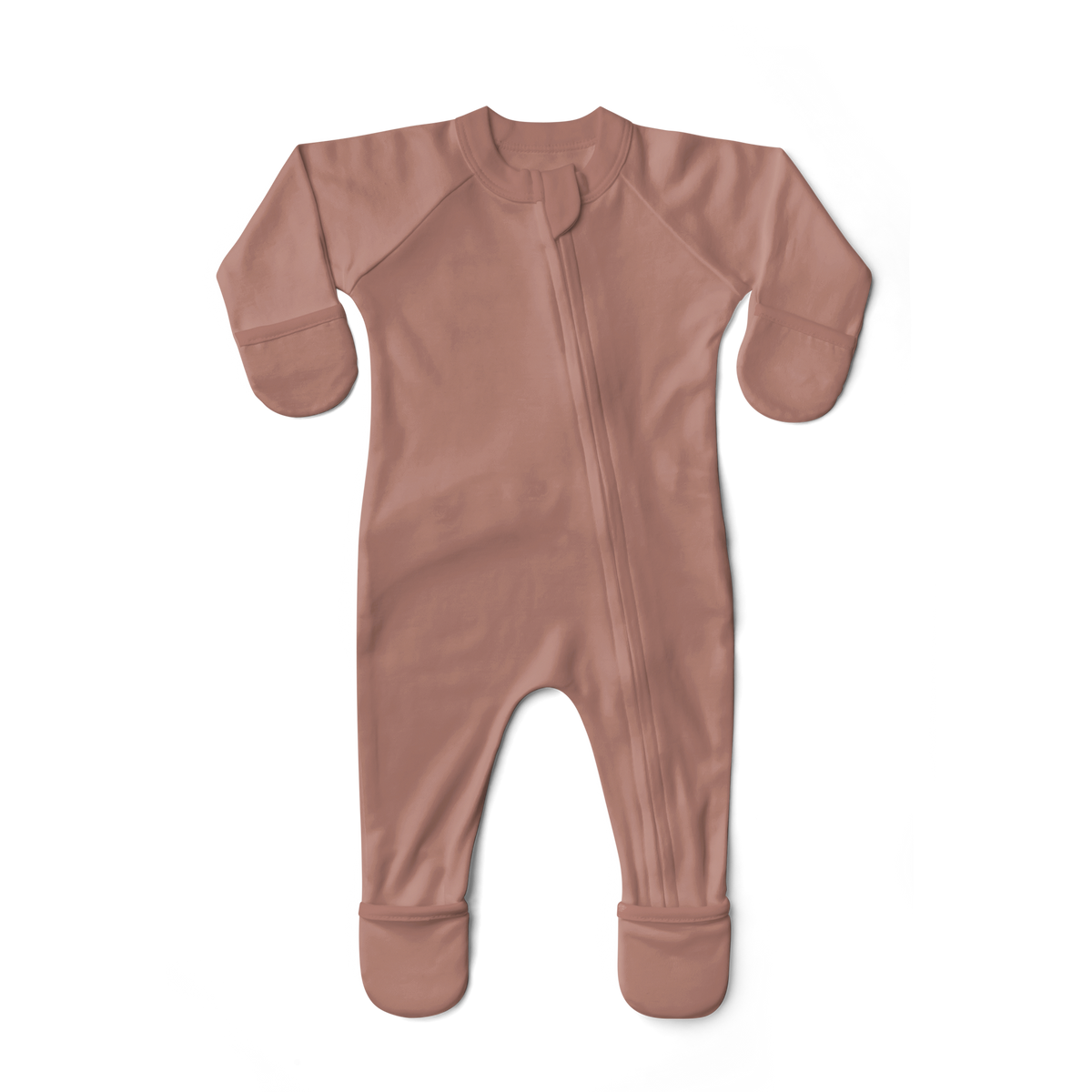 Welcome Home Set baby footie in solid dusty rose fabric with a front zipper, fold-over mitts, and enclosed feet