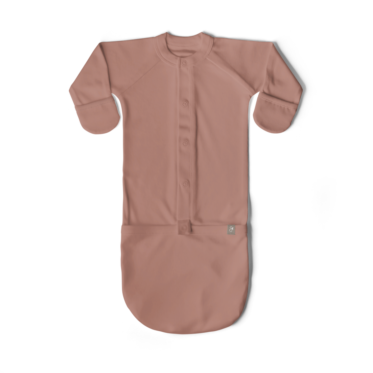 Welcome Home Set convertible baby gown in dusty rose, with long sleeves, covered mitts, and a button-front design
