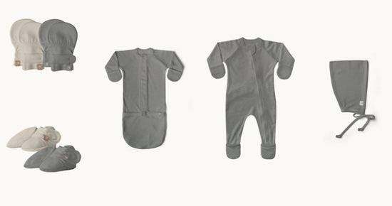 Welcome Home Set featuring gray and cream baby mitts, booties, a convertible gown and footie in soft fabric
