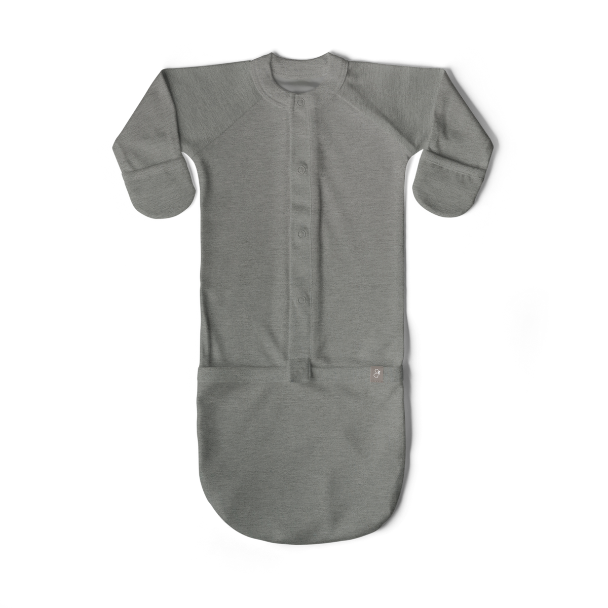 Welcome Home Set baby convertible gown in heather gray with soft knit fabric, front snaps and fold-over mitt cuffs