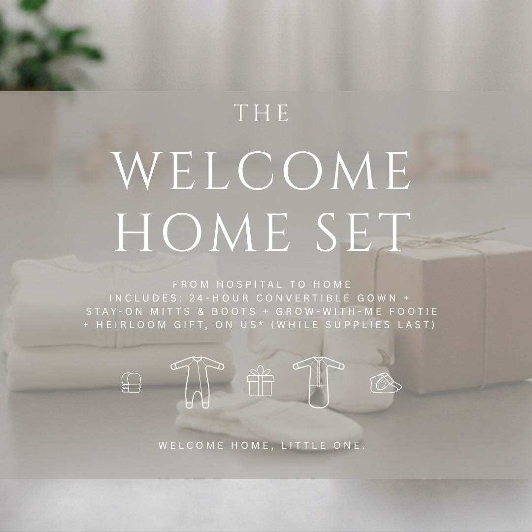 Welcome Home Set gift bundle featuring neutral baby clothes and accessories, including a gown, footie, mitts and boots